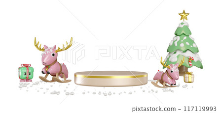 3d podium empty with santa claus riding a rocking deer, gift box, christmas tree isolated. merry christmas and happy new year, 3d render illustration 117119993