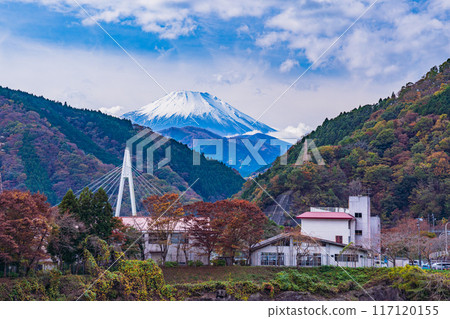 [Kanagawa Prefecture] Lake Tanzawa, autumn leaves on the lakeside, distant view of Mt. Fuji 117120155