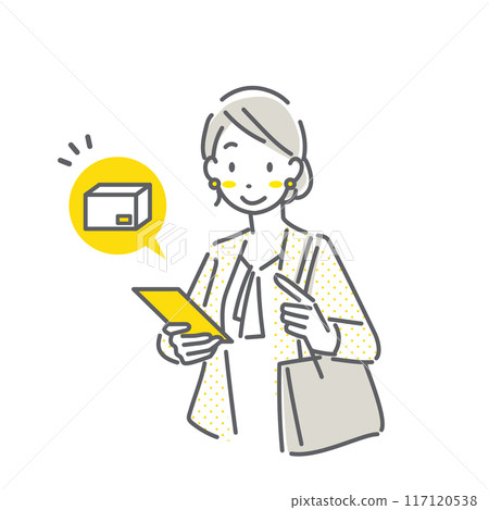 A young woman receiving a delivery notification on her smartphone. Simple and stylish line drawing illustration A young woman receiving a delivery notification on her smartphone. Simple and stylish line drawing illustration 117120538