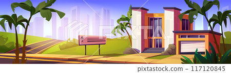 Modern suburban mansion against cityscape 117120845