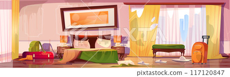 Dirty hotel bedroom with dusty furniture 117120847