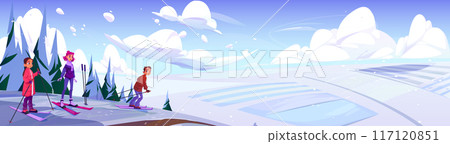 Teen boy and girl skiers going to slide down slope 117120851