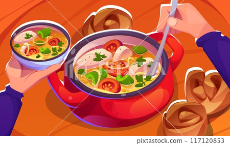 Male hands pour fresh cooked soup into bowl 117120853