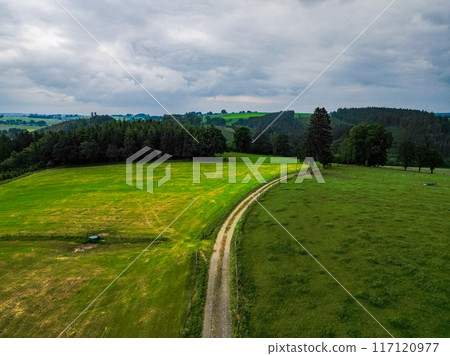 Aerial view showcasing a tranquil countryside road with lush green fields under cloudy skies 117120977