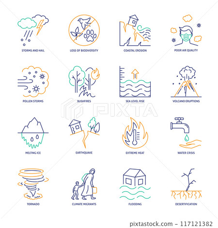Climate change effect line icon set Climate change effect line icon set 117121382