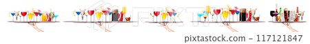 Hand holding tray with different alcohol cocktails isolated on white background Hand holding tray with different alcohol cocktails isolated on white background 117121847