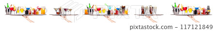 Hand holding tray with different alcohol cocktails isolated on white background Hand holding tray with different alcohol cocktails isolated on white background 117121849