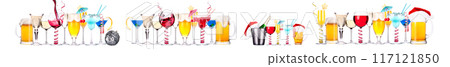 Different alcohol cocktails like beer, martini, soda, champagne, whiskey 117121850