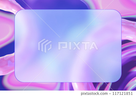 Holographic background with fluid swirls of pink and blue and central clear space for text. Ideal for eye-catching advertisements, vibrant graphics, backgrounds. Color gradient, y2k style, 2000s. 3D. 117121851