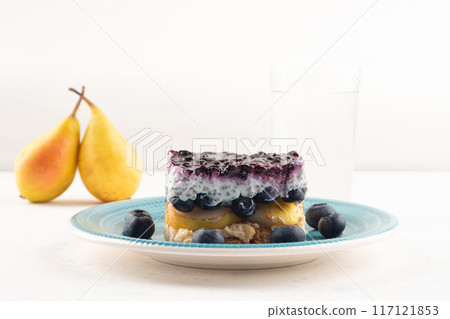 Overnight chia pudding tart with greek yogurt, pears, blueberries Overnight chia pudding tart with greek yogurt, pears, blueberries 117121853