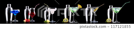 Different alcohol cocktails like beer, martini, soda, champagne, whiskey 117121855