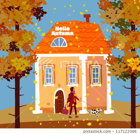 Autumn landscape, woman in autumn coat walking the dog Autumn landscape, woman in autumn coat walking the dog 117122086