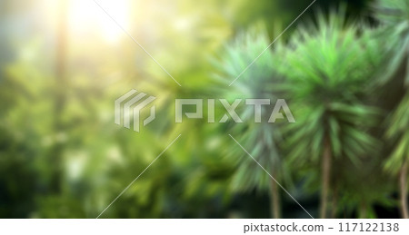 Blur green leaves on bokeh sunny light abstract background. Ecology, go green, Green Energy, environmental and conservation protection concept. Horizontal blurred out jungle abstract backdrop 117122138