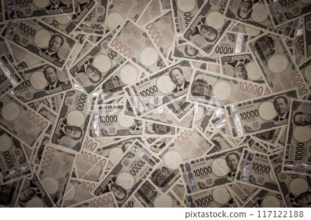 Japan's new banknotes, negative image of a large number of 10,000 yen notes piled up on the front and back 117122188
