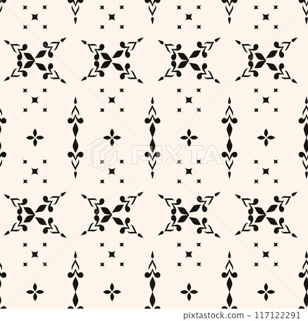 Simple minimalist floral pattern. Minimal seamless texture with small flower shapes. Abstract black and white geometric background. For print, package 117122291