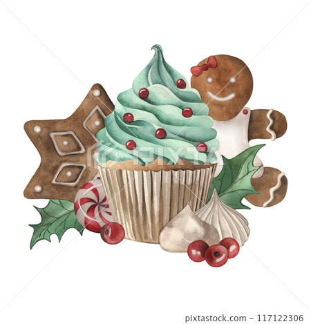 Cupcake, gingerbread, candy, holly berry, meringue, Christmas sweets, new year 2025. The illustration is drawn in watercolor in isolation. For packaging design, interior, holiday invitation, printing. 117122306