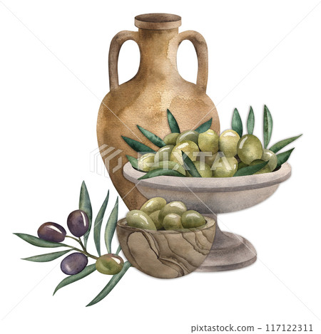 Oliva, oil, metal, wooden bowl, Greek amphora, olives fruit, branch. The illustration is hand-drawn in watercolor isolated. For design holiday, postcards, invitations, poster. Olive festival in Spain. Oliva, oil, metal, wooden bowl, Greek amphora, olives fruit, branch. The illustration is hand-drawn in watercolor isolated. For design holiday, postcards, invitations, poster. Olive festival in Spain. 117122311