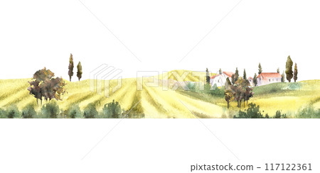 Landscape with field, villa, farmhouse, bushes, fruit trees, cypresses. Watercolor seamless border, pattern Italian, France summer. Label, packaging paper Hand draw illustration on isolated background Landscape with field, villa, farmhouse, bushes, fruit trees, cypresses. Watercolor seamless border, pattern Italian, France summer. Label, packaging paper Hand draw illustration on isolated background 117122361