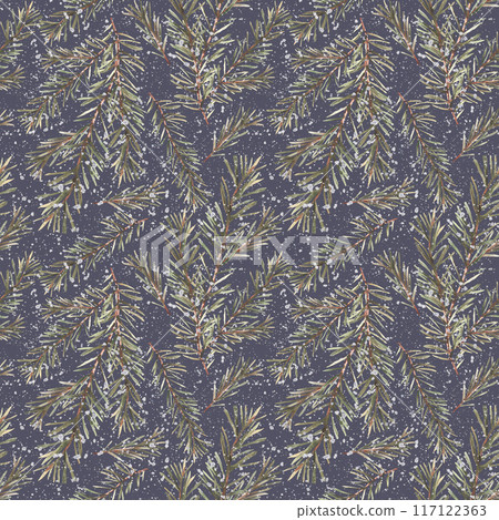 Pine or fir tree branches seamless pattern on watercolor stain splashes dark grey background. Spruce evergreen with needles Winter forest Christmas fabric, wallpaper Hand painted isolated illustration 117122363