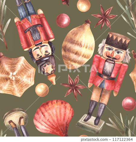 Vintage Christmas pattern with ornaments Nutcracker toy, tree branch, red, gold balls, cone, shell, star. Xmas seamless winter clipart Watercolor painted illustration on isolated coloured background 117122364