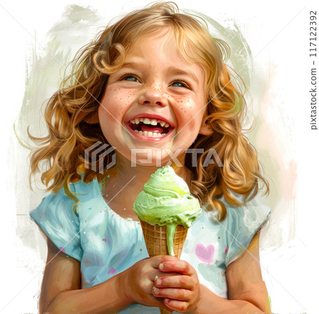 Painting of little girl holding green ice cream cone with sprinkles. 117122392