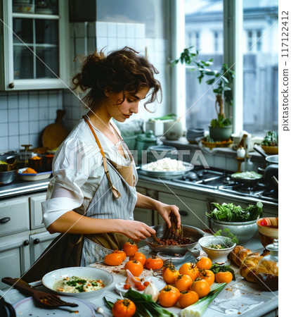 Woman preparing food in kitchen with lots of food on the counter. 117122412