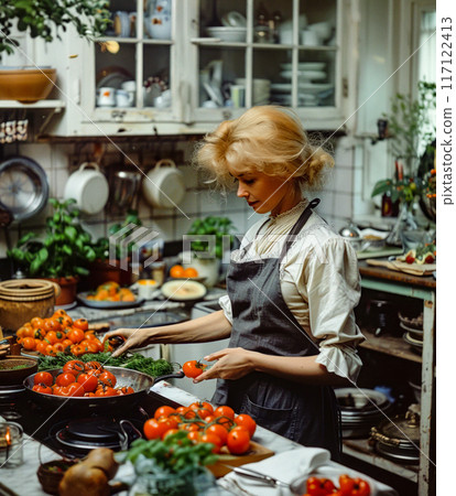 Woman standing in kitchen preparing food on stove top next to pots and pans. 117122413