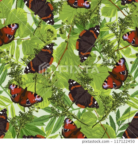 Bright summer seamless pattern with green lush foliage, leaves, butterflies with spread wings. Sunshine through dense vegetation. Floral botanical background. 117122450