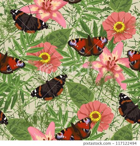 Pattern with flower, grass, leaves, butterflies 117122494