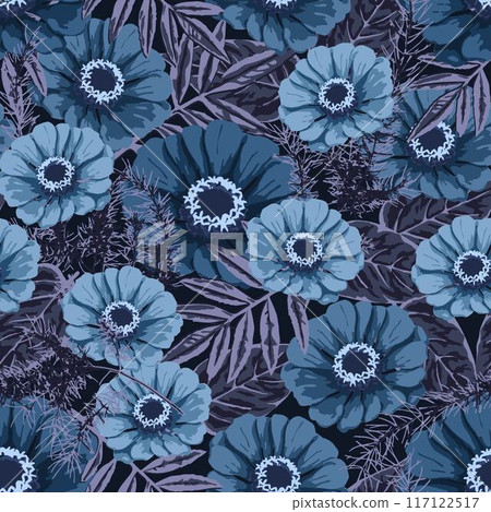 Blue camo seamless pattern with leaves, flowers Blue camo seamless pattern with leaves, flowers 117122517