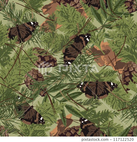 Seamless green camo pattern with nature elements 117122520