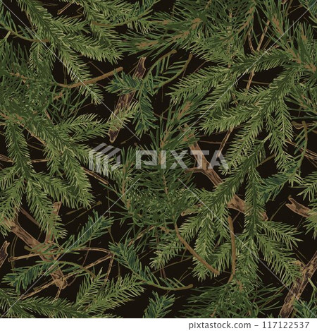 Seamless camo pattern with khaki green fir twigs Seamless camo pattern with khaki green fir twigs 117122537