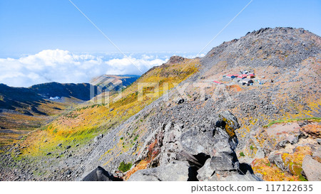 Climbing Mt. Chokai in autumn: View of Shinzan and Senjadani from the outer rim Climbing Mt. Chokai in autumn: View of Shinzan and Senjadani from the outer rim 117122635