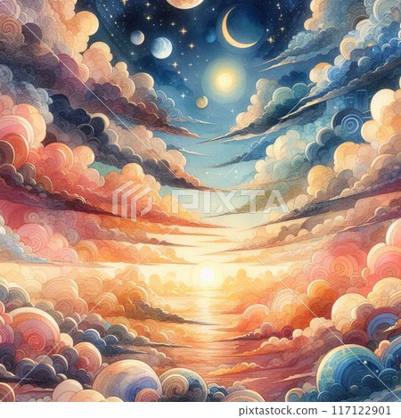 漂浮在早晨天空中的雲、月亮和太陽的插圖 117122901