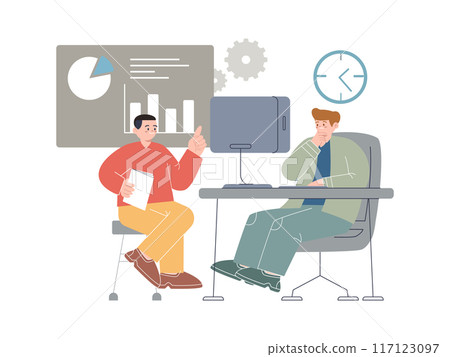 briefing with a client brief talk talking communicate communication interaction social problem solving collaboration work together job creative two man people work together 117123097