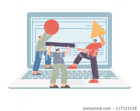 Landing page website design creation together by team of professional designer large screen laptop 117123138