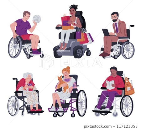 A variety of wheelchair activities. Collection on isolated background. A variety of wheelchair activities. Collection on isolated background. 117123355