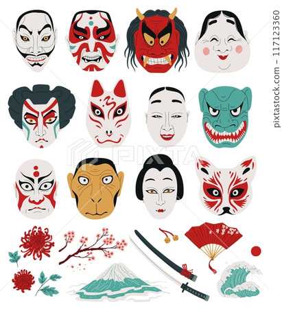 Traditional Kabuki elements on isolated background. Traditional Kabuki elements on isolated background. 117123360