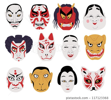 Vector icons of Japanese Kabuki masks on a white background 117123368