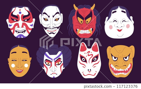 Set of traditional Japanese Kabuki demon masks. Isolated background. Set of traditional Japanese Kabuki demon masks. Isolated background. 117123376