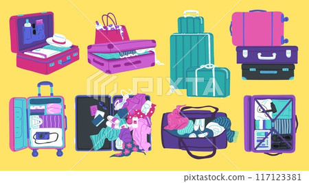 Travel essentials colorful suitcases vector set. 117123381