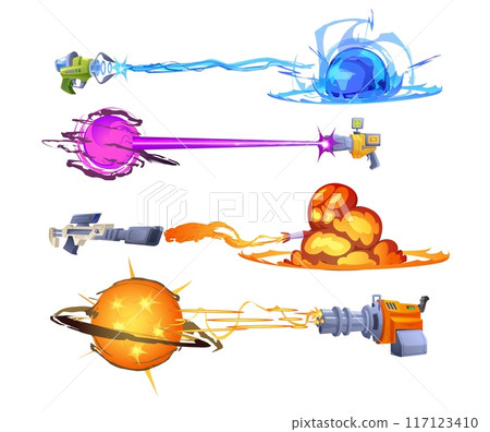 Blasters with fire and explosions, game weapon, set of vector illustration Blasters with fire and explosions, game weapon, set of vector illustration 117123410