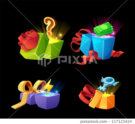 Open gift boxes different colors decorated red bow, glow with prize from inside vector set, GUI reward game interface Open gift boxes different colors decorated red bow, glow with prize from inside vector set, GUI reward game interface 117123424