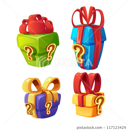 Gift box with question mark vector set, cartoon reward surprise gift boxes, GUI prize element for game interface present Gift box with question mark vector set, cartoon reward surprise gift boxes, GUI prize element for game interface present 117123429