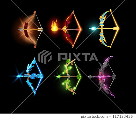 Glowing magical bow with arrow vector set from various natural materials, wizard archery or hunter weapon for game asset 117123436