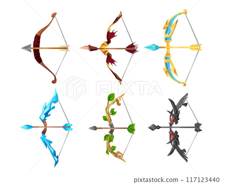 Bow and arrow weapon game assets set, 3D realistic vector illustration isolated. 117123440