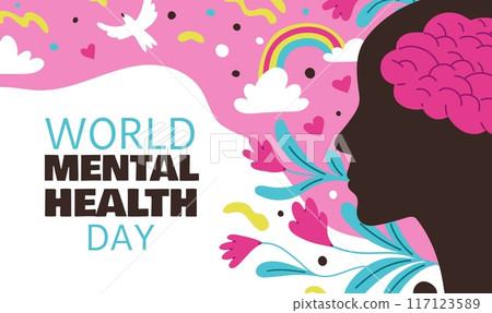 Vector poster dedicated to Mental Health Day. The man on a background of flowers 117123589