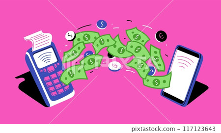 Vector design of a phone that allows you to make contactless payments in any currency. 117123643