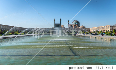 Naqsh-e Jahan Square with a big pond and many fountains, the city center of Isfahan, Iran Naqsh-e Jahan Square with a big pond and many fountains, the city center of Isfahan, Iran 117123701