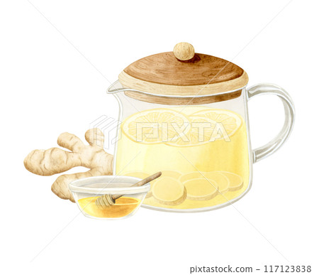 Ginger honey tea in tea pot and glass bowl with wooden spoon watercolor illustration isolated on white background. Hand drawn organic healthy hot drink with herbs 117123838